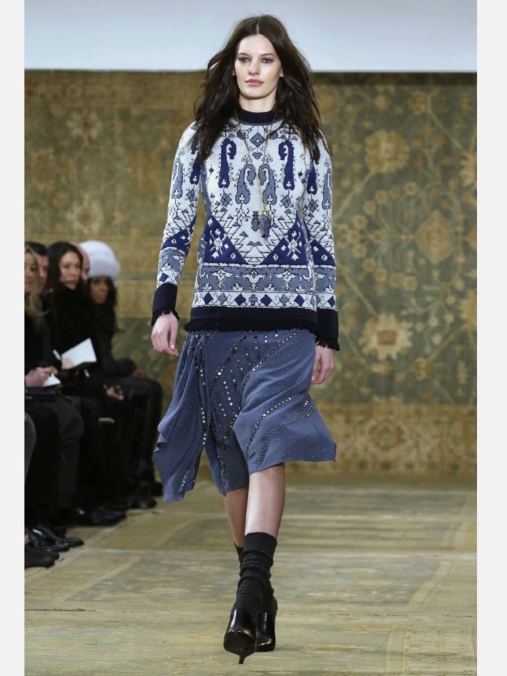 Tory Burch Lisbon Jacquard Tapestry Sweater with Fringe Hem